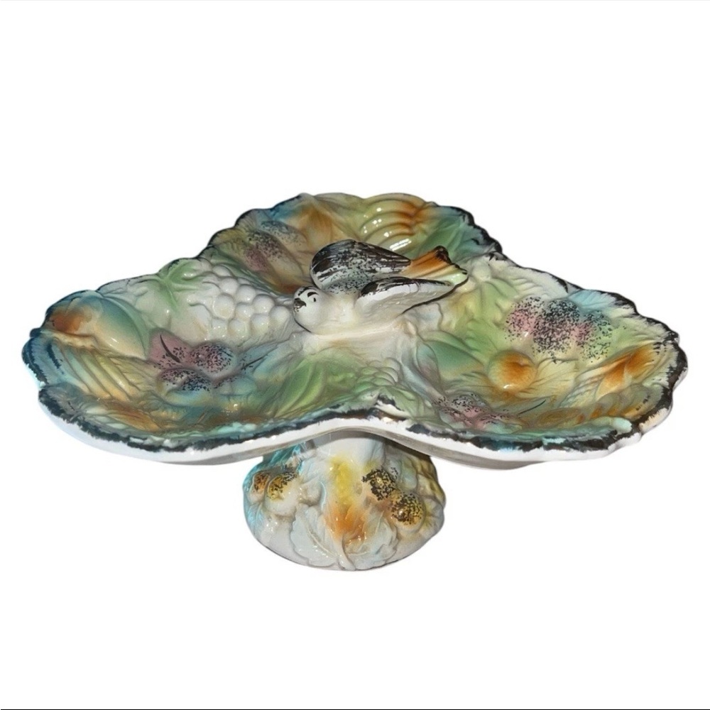 Vintage Betson Hand Painted Cottage Core Fruit/Bird Pedestal Dish